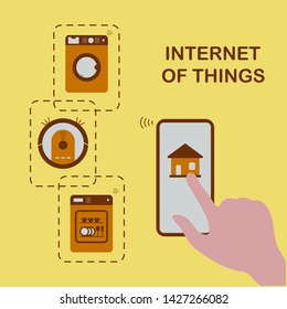 Person's hand operating smart home appliances with device. Remote control from the device of dishwasher, washing machine, robot vacuum cleaner. Using smart technology at home. Internet of things.