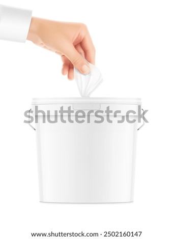 A person's hand pulls a wet wipe from white plastic bucket for gym, workshops, etc. Realistic vector illustration isolated on white background. Ready for your design. EPS10.