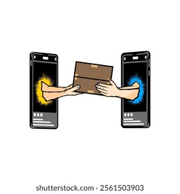 a person's hand receives and delivers a package ordered online from a mobile phone vector illustration