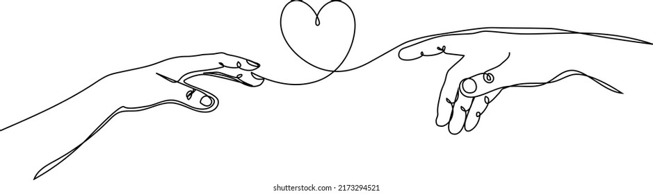 Person's hand receives a symbol of love from someone else's hand. Continuous one line drawing. Love concept.