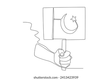 A person's hand tightly holds the Pakistani flag. Pakistan day one-line drawing