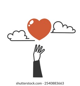 persons hand trying to get and reach on flying love sign in doodle drawn style