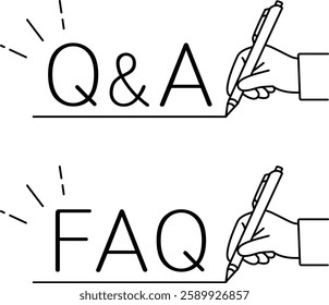 Person's hand underlining the letters Q and A and FAQ with a pen