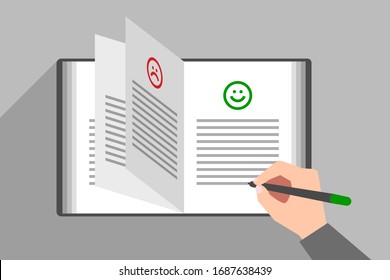 La mano de la persona está escribiendo texto bajo el icono de la cara sonriente feliz en el libro de comentarios y sugerencias. Concepto de buena revisión, retroalimentación positiva, satisfacción del cliente sobre la calidad del servicio o del producto