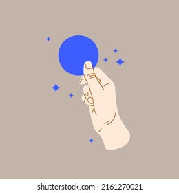 Las manos de una persona sostienen una figura circular. Ilustración aislada en un fondo gris. Gráficos vectoriales de tendencia.