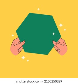 A person's hands hold a hexagonal figure. isolated illustration on a light background. Template for the design.