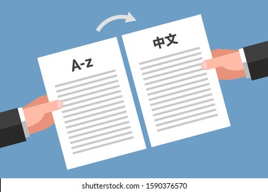 Person's hands are holding similar documents in different languages. Concept of document translation from English to Chinese, multilingual business papers, translation services, text translating
