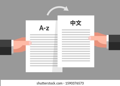 Person's hands are holding similar documents in different languages. Concept of document translation from English to Chinese, multilingual business papers, translation services, text translating