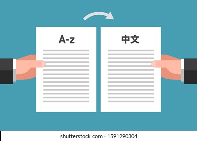 Person's hands are holding similar documents in different languages. Concept of document translation from English to Chinese, multilingual business papers, translation services, text translating