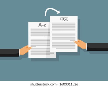 Person's hands are holding similar documents in different languages.