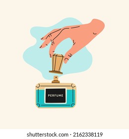 A person's hands open a perfume bottle. Isolated illustration on a light background. Template for the design.