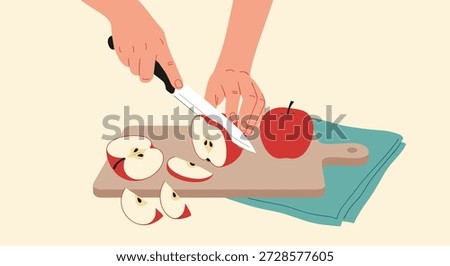 A person's hands using a knife to slice a fresh red apple on a wooden cutting board in a cozy illustration style.