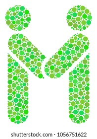 Persons Handshake composition of filled circles in different sizes and green shades. Vector circle elements are organized into persons handshake mosaic. Eco vector illustration.