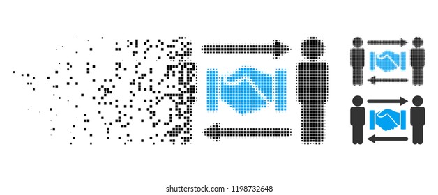 Persons handshake exchange icon in disappearing, dotted halftone and undamaged whole variants. Points are composed into vector dissolving persons handshake exchange icon.