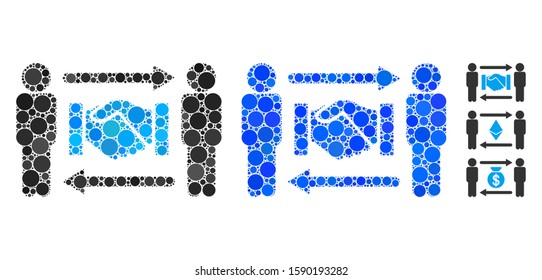 Persons handshake exchange mosaic of filled circles in variable sizes and color tinges, based on persons handshake exchange icon. Vector filled circles are organized into blue mosaic.