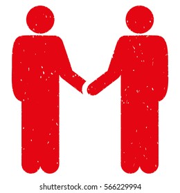Persons Handshake grainy textured red icon for overlay watermark stamps. Flat symbol with dirty texture. Dotted vector ink rubber seal stamp with grunge design on a white background.