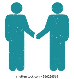 Persons Handshake grainy textured soft blue icon for overlay watermark stamps. Flat symbol with scratched texture. Dotted vector ink rubber seal stamp with grunge design on a white background.