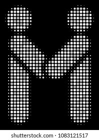 Persons handshake halftone vector icon. Illustration style is dot iconic persons handshake symbol on a black background. Halftone texture is build of spheric dots.