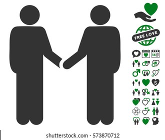 Persons Handshake icon with bonus lovely symbols. Vector illustration style is flat iconic green and gray symbols on white background.