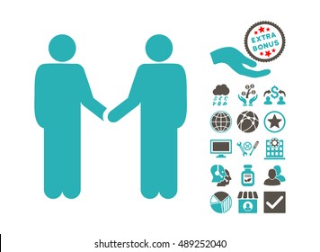 Persons Handshake icon with bonus icon set. Vector illustration style is flat iconic bicolor symbols, grey and cyan colors, white background.