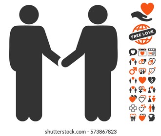 Persons Handshake pictograph with bonus lovely icon set. Vector illustration style is flat iconic orange and gray symbols on white background.