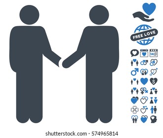 Persons Handshake pictograph with bonus valentine pictures. Vector illustration style is flat iconic smooth blue symbols on white background.