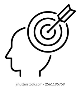 A person's head with a bow and arrow, symbolizing focus, determination, and aiming for goals round line vector icon with editable stroke