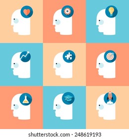 person's head with different conceptual icons, flat style vector illustration