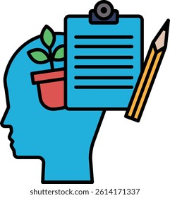A person's head with a pencil and a piece of paper. The pencil is yellow and the paper is blue