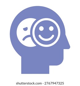 A person's head with a sad and happy face inside, representing mixed feelings and emotions.