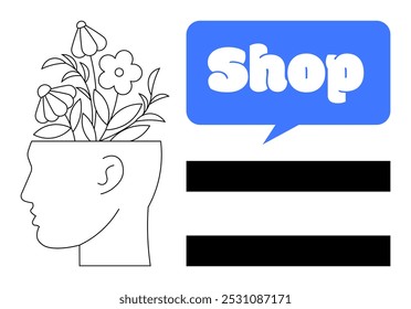 A persons head is shown in profile with flowers growing from it, symbolizing creativity and ideas. Ideal for mental health, creativity, mindfulness, shopping, and personal growth themes. Vector art