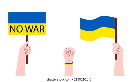 Personen, die Banner halten, Flagge Ukrainisch. Kein Krieg in der Ukraine. Demonstration gegen den Krieg. Bleiben Sie bei der Ukraine Konzept. Unterstützung für die Ukraine. Vektorgrafik einzeln auf weißem Hintergrund