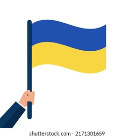 Personen, die Banner halten, Flagge Ukrainisch. Kein Krieg in der Ukraine. Demonstration gegen den Krieg. Bleiben Sie bei der Ukraine Konzept. Unterstützung für die Ukraine. Vektorgrafik einzeln auf weißem Hintergrund EPS10