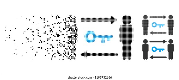 Persons key exchange icon in disappearing, dotted halftone and undamaged solid variants. Elements are combined into vector disappearing persons key exchange icon.