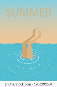 Person's legs shown from the blue sea in the process of diving with circles on water and grain vintage texture and with sunset in warm blue and orange colors and title Summer over it