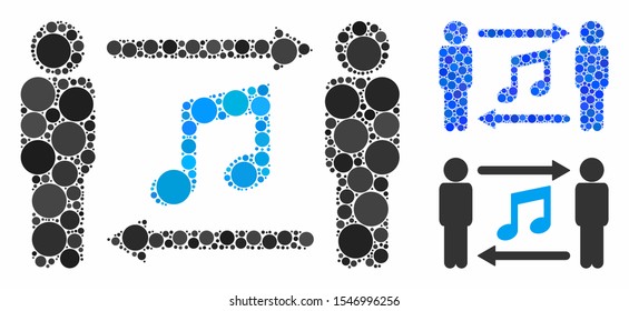 Persons music exchange composition of round dots in different sizes and shades, based on persons music exchange icon. Vector round dots are grouped into blue composition.