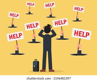 Persons need and request for rescue. The hand in the hole is holding a sign asking for help.