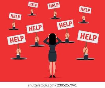 Persons need and request for rescue. The hand in the hole is holding a sign with word HELP