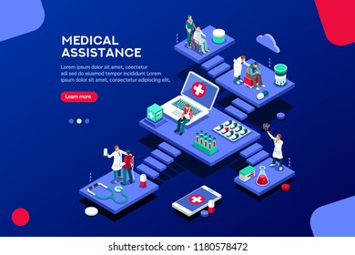 Persons at office, medical assistance. Patient room with healthcare insurer. Clinic insure a doctor. Insurance and assistance for physician. Concept with characters. Flat isometric vector illustration
