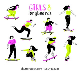 Persons on longboards. Cartoon female teenagers on boards, jumping and training sport tricks, concept of outdoors recreational activity on skateboarder isolated on white background