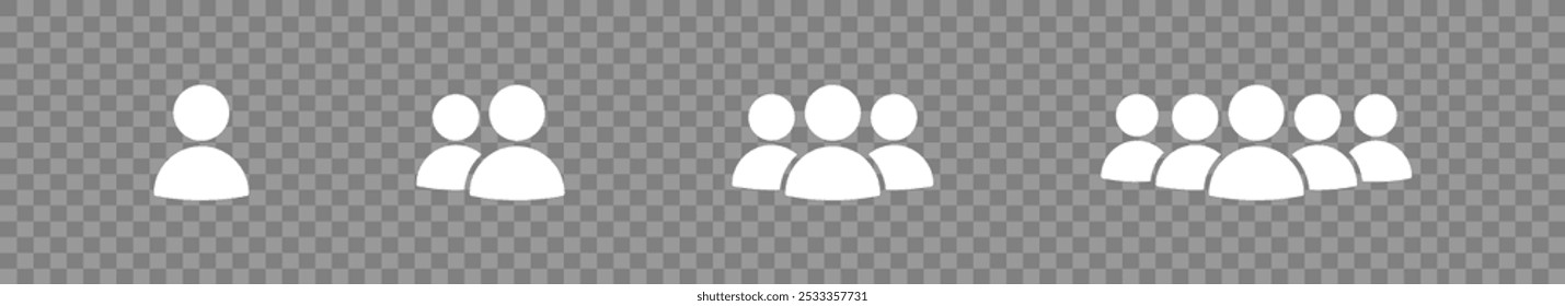 Pessoas, grupo de pessoas e ícone do conjunto de equipes no plano de fundo transparente. Ícone branco do usuário. Botão de configuração de infográficos. Vetor isolado