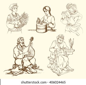 Persons in period costume work on aged instruments. Young girl grind grain flour at grinder, bard play, Chronicler write letter. Freehand outline ink hand drawn picture in art retro style pen on paper