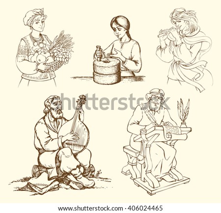 Persons in period costume work on aged instruments. Young girl grind grain flour at grinder, bard play, Chronicler write letter. Freehand outline ink hand drawn picture in art retro style pen on paper