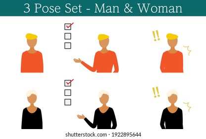 Person's pose set: Face to front, show list, surprise