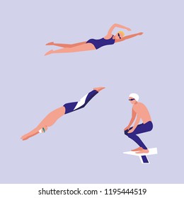 persons practicing swimming avatar character