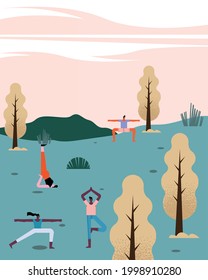 personas que practican yoga en el campo