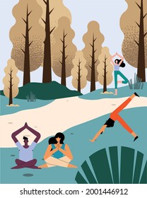 personas practicando el paisaje del yoga