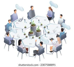 Persons in presentation meeting room. Teamwork business presentation conference coworking workplace brainstorming and creative team work with new creative project. Vector isometric, 3d