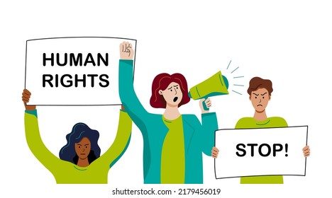 Persons With Protest Posters And Megaphone. Protestantism And Demonstration Concept. Vector Illustration.