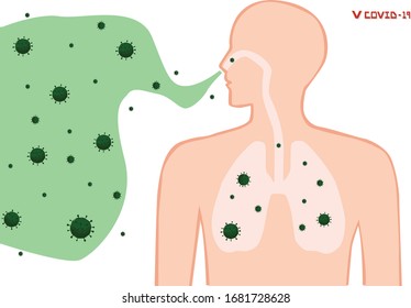 The person's respiratory system, from the nose to the lungs. Including the virus, the covid-19, spreading into the body

